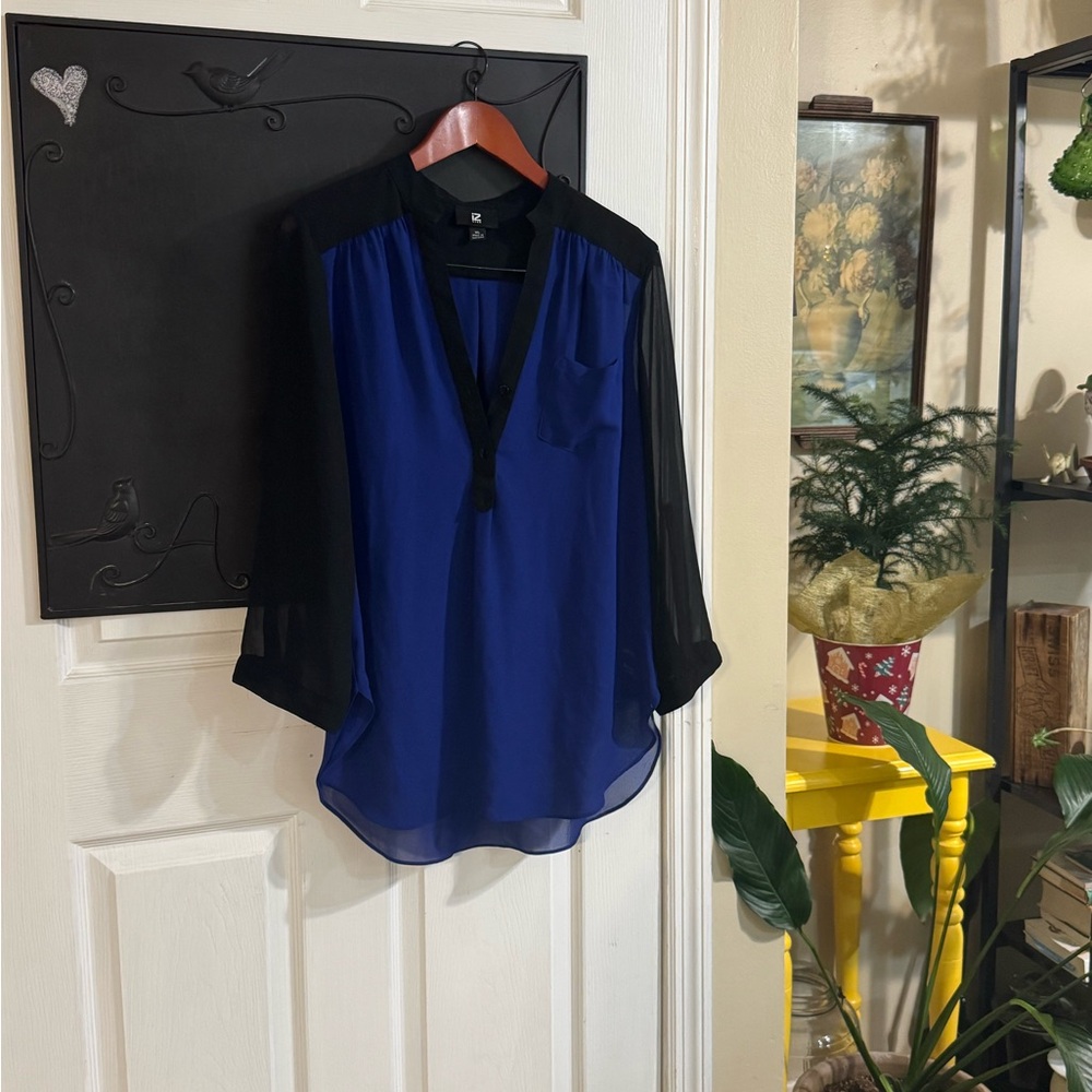 Sheer Blue and Black Women's Button-Up Top